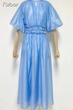 Tie Dye Slim Dress Female Stand Collar Puff Half Sleeve High Waist Spliced Ruffles A Line Long Dresses Female Summer
