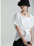 Women White Irreuglar Hem Bandage Bow Elegant T-shirt New Square Collar Short Sleeve Fashion Spring Summer 2023