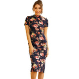 New Sunmmer Chinese Women Short Sleevs Dress BLACK Print Flower Long Dress Slim vintage Dresses Elegant Gown