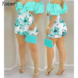Fashion Holiday Floral Print Off Shoulder Knotted Puff Sleeve Skinny Shorts Skorts Fairy Casual One Piece Women