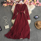 New Spring Autumn Temperament V-Neck long sleeve Dress high waist lace up waist solid color long A-line Pleated