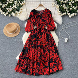 Retro Fashion Print Dress Women Loose Strap To The Waist Thin A Word Big Pendulum Long