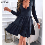 Autumn Women Fashion Elegant Casual V Neck Buttoned Sweet Mini Sexy Solid Dress Solid Long Sleeve Lace Skinny Waist