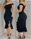 Women Sexy Shiny Rhinestone Embellished Off Shoulder Bodycon
