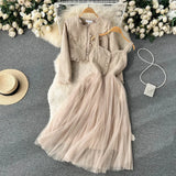 And Winter Small Fragrant Style Set Of Women's Short Cardigan Coat + Sling Net Yarn Dress Two