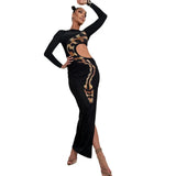 Toloer Women's Autumn And Winter Hot Girl Show Waist High Slit Long Sleeves Sexy Snake Print Long Skirt Dress-Outfit