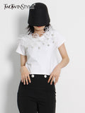 Patchwork Feathers T Shirt For Women Loose Diamonds O Neck Short Sleeve Skinny Tees Tops Female 2022 Summer