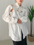 Women White Hollow Out Big Size Blouse New Lapel Long Sleeve Loose Fit Shirt Fashion Tide Spring Autumn 2023