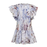 Print Colorblock Dress For Women Round Neck Flying Sleeve High Waist Mini Dresses Female Summer Clothing Style