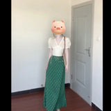 View Of The Unique Beautiful V-Neck Bubble Sleeve Shirt For Women's Summer New Green Floral Skirt