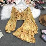 New Summer Fashion All-match V-neck Lantern Sleeve short Shirt + high waist slim floral Skirt 2-piece