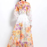 Lady Print Set Of Women's Holiday Style Collar Lantern Sleeves Thin Shirt High Waist Large Swing Long