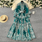 Style Dress Women's Spring Court Collar Lantern Sleeves To Close The Waist Single Buckle Printing Folded Long