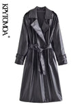 Women Fashion With Belt Faux Leather Trench Coat Vintage Long Sleeve Flap Pockets Female Outerwear Chic