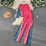 Version Of The Casual Sports Suit Women's Autumn Design Feeling Loose Collar Collar High-Waisted Denim Splicing