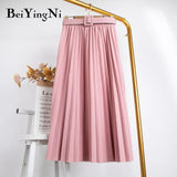 2020 Casual Belted Pleated Skirt Woman Midi Fashion Elegant Retro Chic Skirt Female Harajuku Spring Summer Faldas