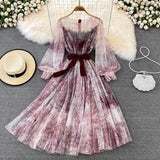 Sexy Mesh Printed Dress Women Spring Autumn Round Neck Puff Long Sleeve Ink Pattern A-Line Big Swing Vestidos Female 2022