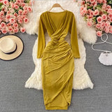 Autumn Sexy Draped Bodycon Midi Dress Women Elegant V-Neck Long Sleeve Party Robe Female Yellow/Green/Black Casual Vestidos