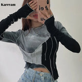 Tie-dye Color Matching Irregular T-shirt Women Sexy Slim Crop Top Chic Design Korean Style Long Sleeve T-shirt
