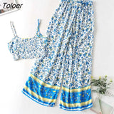 Boho Vintage Pattern Print Women 2 Piece Set Spring 2023 Midriff Baring Wide Leg Pant Retro Chic Beach Vacation Women