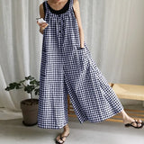 2022 Summer Fashion Women Vintage Plaid Long Jumpsuits Wide Leg Pants Sleeveless Casual Loose Playsuits Bohemian
