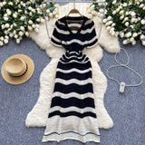 Luxury High-Striped Knitted Dress Women's Summer V-Neck Hollow Thin Airable Design Design Long