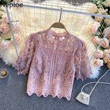 Korean Woman Clothes Blusas Mujer De Moda Fashion Shirts 2023 Hollow Out Floral Blouses Women Lace Laides Cropped