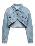 Fashion Women's Short Denim Jackets New Lapel Long Sleeve Pocket Single Breasted Solid Coat Female Autumn 2023
