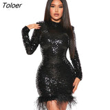 Dresses Sparkly Sequin Feather Party Vestidos Chic Sparkly Y2k Outfit O-neck Turtleneck Dress For Womens Long Sleeve