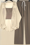 Hollow Sun Protection Chiffon Shirt Sexy Strap Tank Top Lace up Wide Leg Pants Three Piece Elegant Women's Pants Set