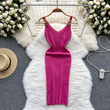 Backless Sleeveless Women Knitted Dress Slim Solid Gentle Fashion 2022 Summer V Neck Ladies A Line Midi