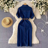 Luxury Famous Feudal High-Level Feeling Polo Collar Denim Dress Women Summer Fork Belt Design Niche Temperament
