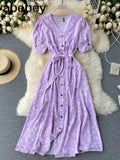 Sweet Floral Dress Women V Neck Puff Sleeve Single-Breasted Belt Dress Summer Bohemian Print A-line Midi