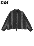 Women Dark Gray Plaid Tassels Big Size Blouse New Lapel Long Sleeve Loose Fit Shirt Fashion Spring Autumn 2023