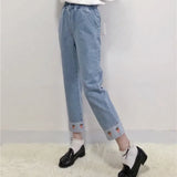 Women Strawberry Printed Patchwork Harajuku Elastic High Waist Ankle-length Jean Femme Womens Korean Style Kawaii