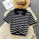 Knitted Women 2025 Summer South Korea Ins New Trendy Sleek Striped T-Shirt Women's