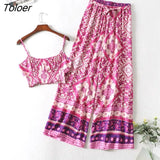 Boho Vintage Pattern Print Women 2 Piece Set Spring 2023 Midriff Baring Wide Leg Pant Retro Chic Beach Vacation Women