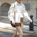 Casual Blouses For Women Lapel Loose Long Lantern Sleeve Single Breasted Patchwork Shirring Open Stitch Female