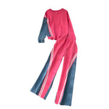 Version Of The Casual Sports Suit Women's Autumn Design Feeling Loose Collar Collar High-Waisted Denim Splicing