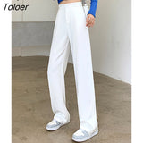 White Wide Leg Pants for Women High Waist Pockets Pants Loose Workwear Office Lady Female Black Trousers S-XL
