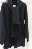 Fashion Women's Coats New Scarf Collar Loose Single Breasted Tassel Spliced Pockets Jackets Female Tide Autumn 2023