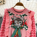Harajuku Diamonds Beaded Cat Bow Embroidery Sweater Women's Ruffles Flower Jacquard Cartoon Pullover Jumper Crop