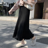 Knitted Skirt Women 2020 Autumn Winter Maxi Long Pleated Retro Spell Color Large Size Leisure Harajuku Skirt