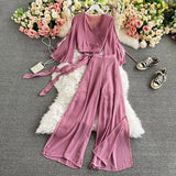 Women Bandage Two Piece Set Spring Autumn Solid Blue/Red/Green Long Sleeve Short Tops And High Waist Split Pants Female Suit