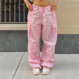 Wide Leg Baggy Sewn Pocket Streetwear Women Low Rise Pants White Hip Hop Trousers Techwear