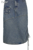 Vintage Grunge Shirring Midi Denim Skirt High Waist Straight Pencil Long Skirts Casual Streetwear Chic Festival