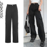 Rockmore Brown Vintage Baggy Jeans Women 90s Streetwear Pockets Wide Leg Cargo Pants Low Waist Straight Denim Trousers