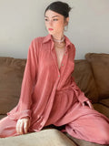 Women's Shirt Pleated 2 Piece Set Flare Sleeve High Waist Wide Leg Pants Suit Spring New Casual Elegant Female