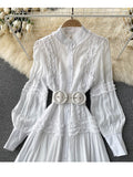 Fashion Women's Dress New Round Neck Lace Loose Single Breatsed Long Sleeve Belt Waist Mid-calf Dresses Summer2023