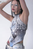 Abstract Printed Crop Top Summer Clothes Women Y2k Streetwear Graphic Tees Asymmetrical Tank Tops